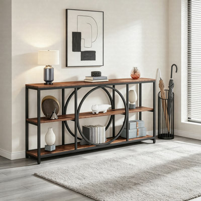 70.9" Console Table, Narrow Sofa Table With 3-Tier Storage Shelves, Industrial Farmhouse Entryway Hallway Table
