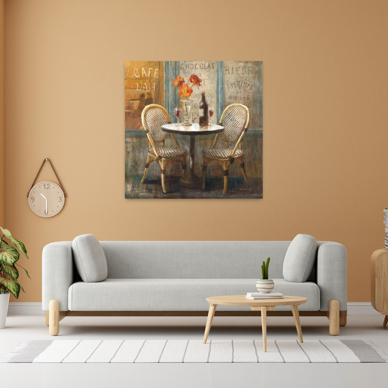 Art français «Rendez-vous au café I» avec des bouquets de bouteilles, H 48 po x l 48 po