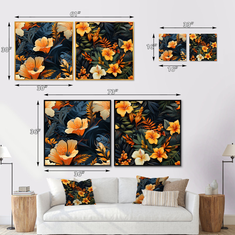 Tropical Twilight - motif tropical - ensemble de 2 collages floraux carrés, Cadre flottant brun, H 36 po x l 73 po