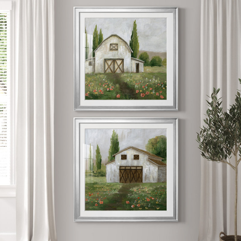 Country Barn I - ensemble de 2 reproductions d'art, H 26,5 po x l 53 po x P 1,5 po, Papier avec cadre argenté, Blanc