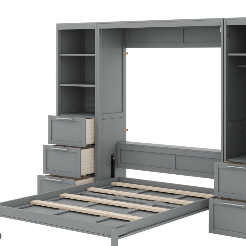 Murphy Bed Wall Bed With Closet ,Drawers And Shelves, Gray