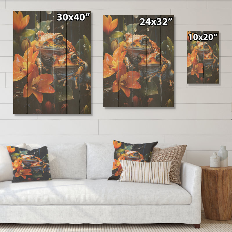 «Orange Frogs on Glass Effect - Frogs & Toads», art mural sur bois de pin naturel, H 32 po x l 24 po