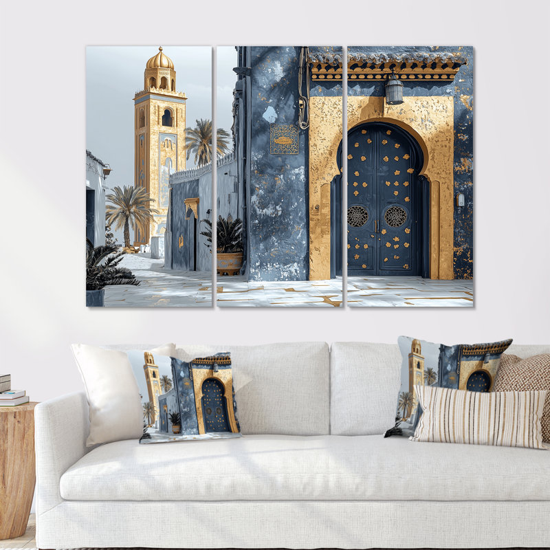 Ensemble de salon art mural or marocain Casablanca I, Toile tendue, H 32 po x l 48 po x P 1 po