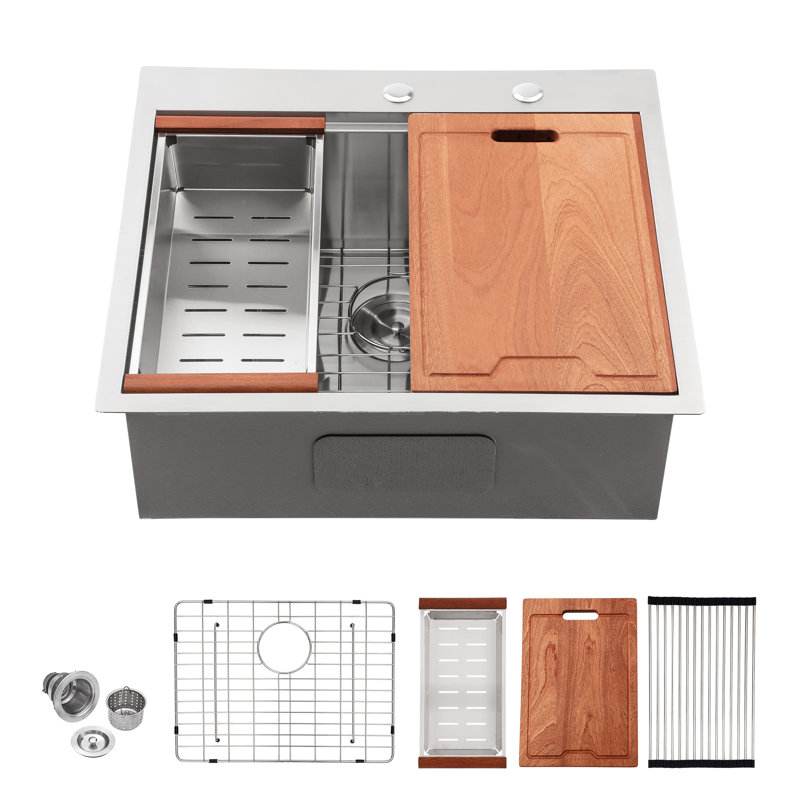 Workstation Drop-In Kitchen Sink Single Bowl Stainless Steel Handmade Kitchen Sink with Two Faucet Holes, 25" L x 22" W