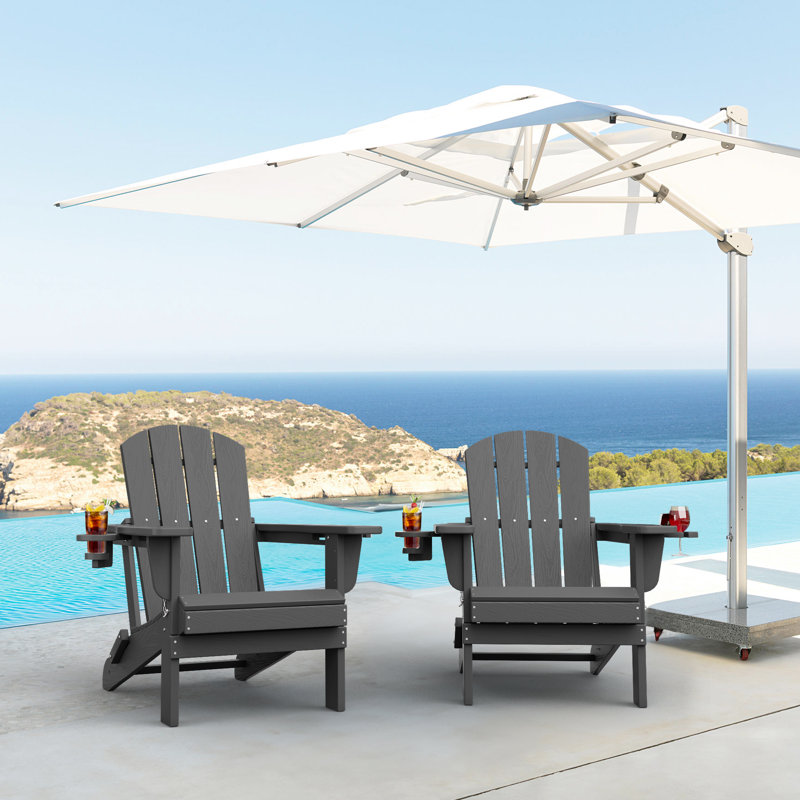 Wolak High Density Polyethylene Folding Adirondack Chair With Double Cup Holder(Set Of 2), Dark Gray