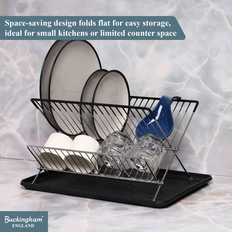 Buckingham 2-Tier Folding Dish Drying Chrome Rack with Drip Tray 42 cm