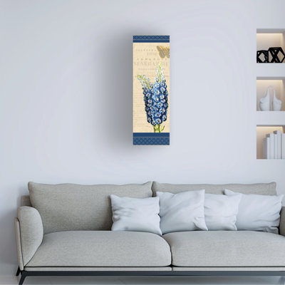 Art mural sur toile tendue - "Delphinium - Panneau vertical" Gail Fraser pour décoration de salon, de chambre à coucher ou de bureau - 16 x 47