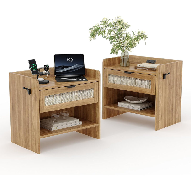 Ensemble de 2 tables de chevet en rotin, table de chevet, table de chevet Boho avec station de charge de type c, 1 tiroir de rangement