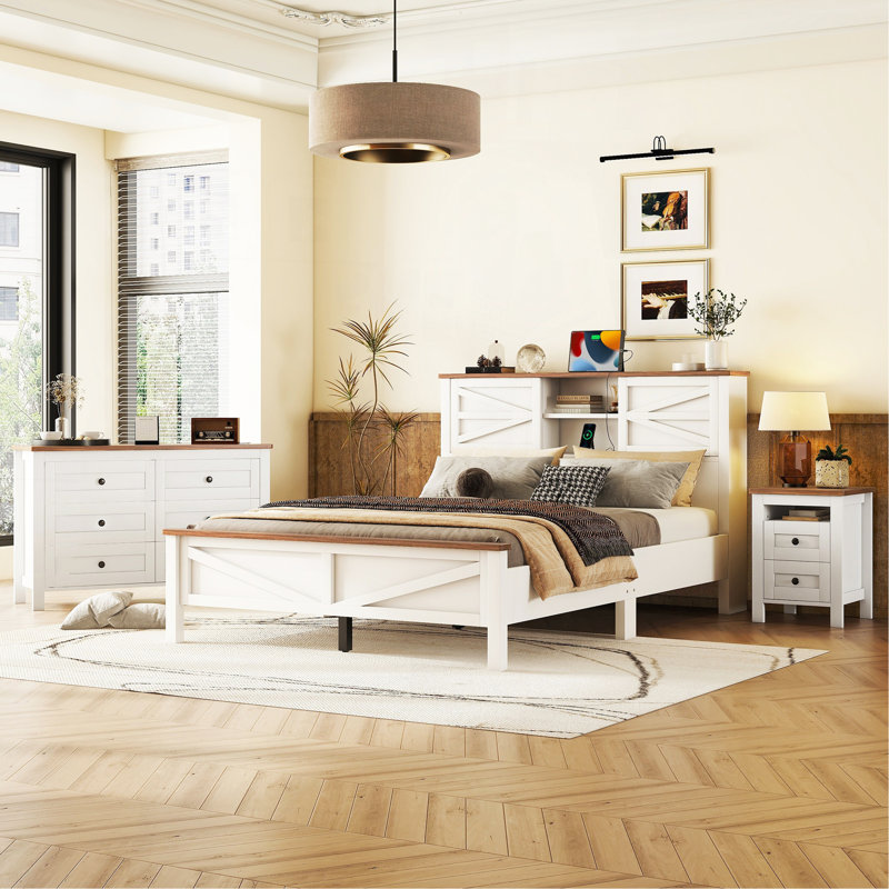 Ensemble de chambre à coucher 3 pièces avec lit plateforme grande ferme avec tête de lit double à porte coulissante, table de chevet et commode, blanc et brun
