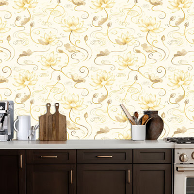 Peel and Stick Wallpaper Gold lotus line Golden design lotus flower leaves white Contact Paper Removable Self Adhesive Wall Mural Wall Decor for Bedroom Kitchen Cabinets 17.7in x 118in