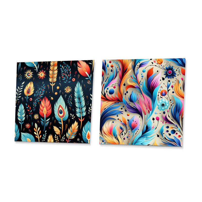Eclectic Nomad Boho Pattern II - Feathers Metal Wall Decor Square Set Of 2, 16" H x 32" W