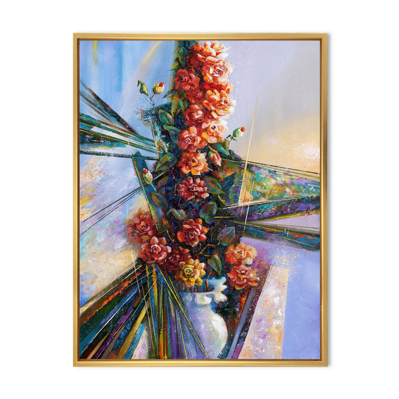 Camélia fleur dans un vase - reproduction d'art sur toile traditionnelle, H 20 po x l 12 po, Cadre flottant doré