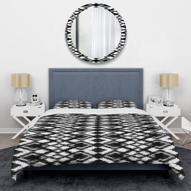 Ensemble de housse de couette blanc et noir à motif ikat, Housse de couette pour grand lit et 2 taies décor