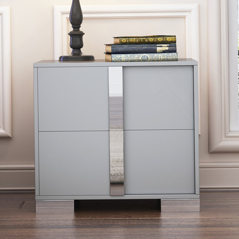 Table de chevet élégante, poignée en métal, miroir, 2 tiroirs, gris, Gris