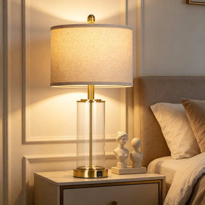 26 Inch Gold Glass Table Lamp Single, 3-Way Dimmable Touch Lamp for Living Room, Modern Bedroom Lamp with USB C+A Ports and Outlet, Classic Bedside Br