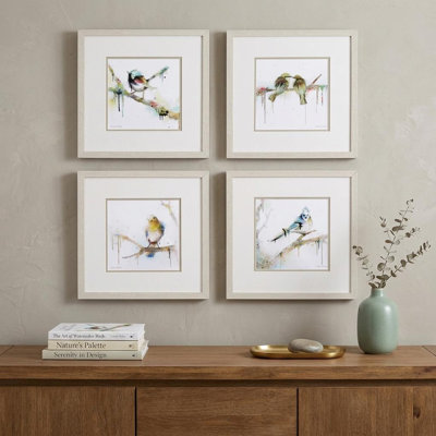 Set of Four Colorful Birds on Branches Wall Art