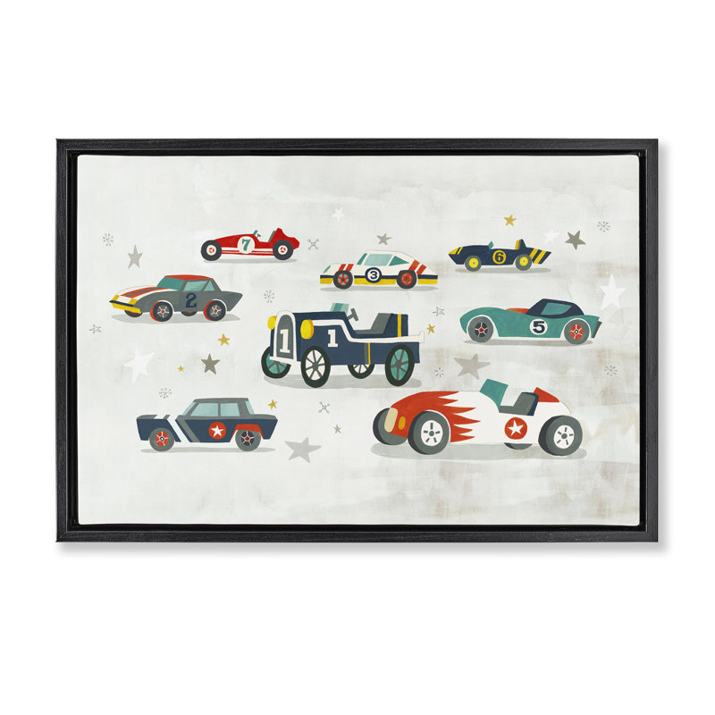 Diverses voitures de course rétro encadrées, toile flottante par Irene Chan, H 21 po x l 31 po