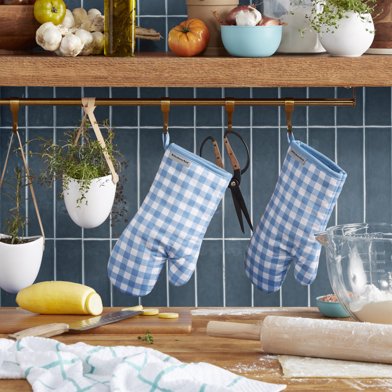 KitchenAid Gingham Oven Mitt 2-Pack Set, 7" x 13", Blue 