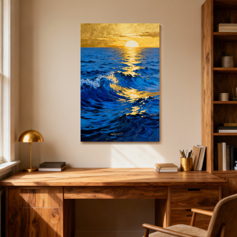 Paysage et nature Vagues de l'océan Coucher de soleil Ciel Lumière dorée Reflet Eau, H 36 po x l 24 po