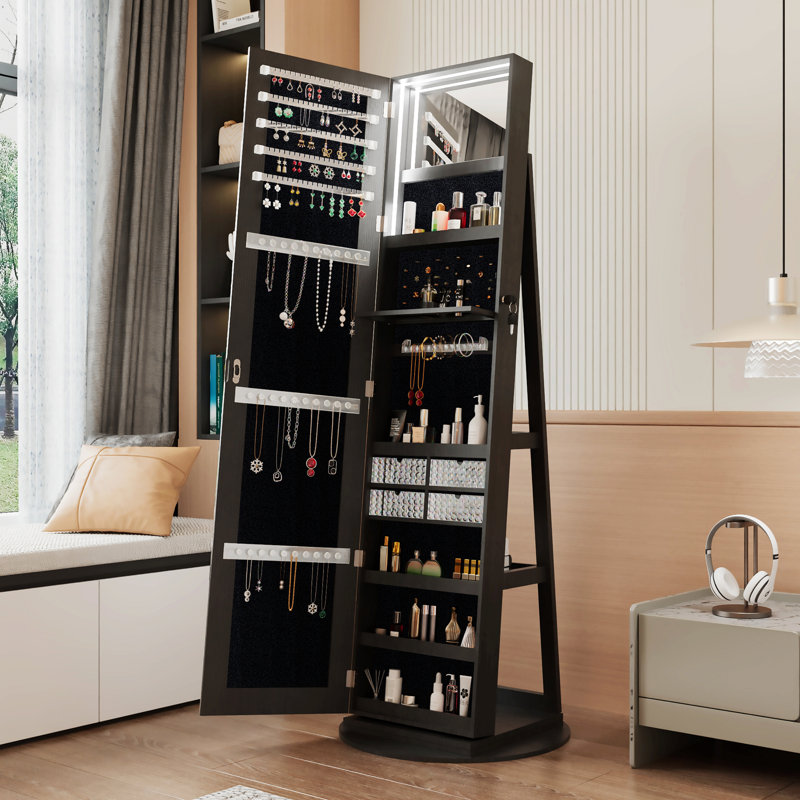 360°Swivel Jewelry Cabinet With Full Length Mirro, 62.3" x 21.6", Black