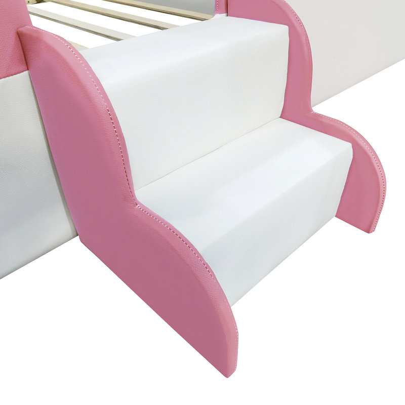 Floor Upholstered Kids Bed With Stairs, Pink/White, King