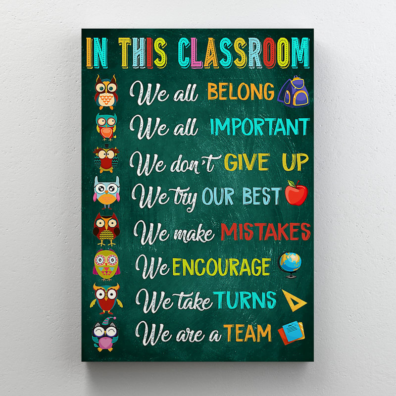 «Owl Rules for Classroom - In This Classroom, We All Belong, We Are a Team», impression sur toile tendue