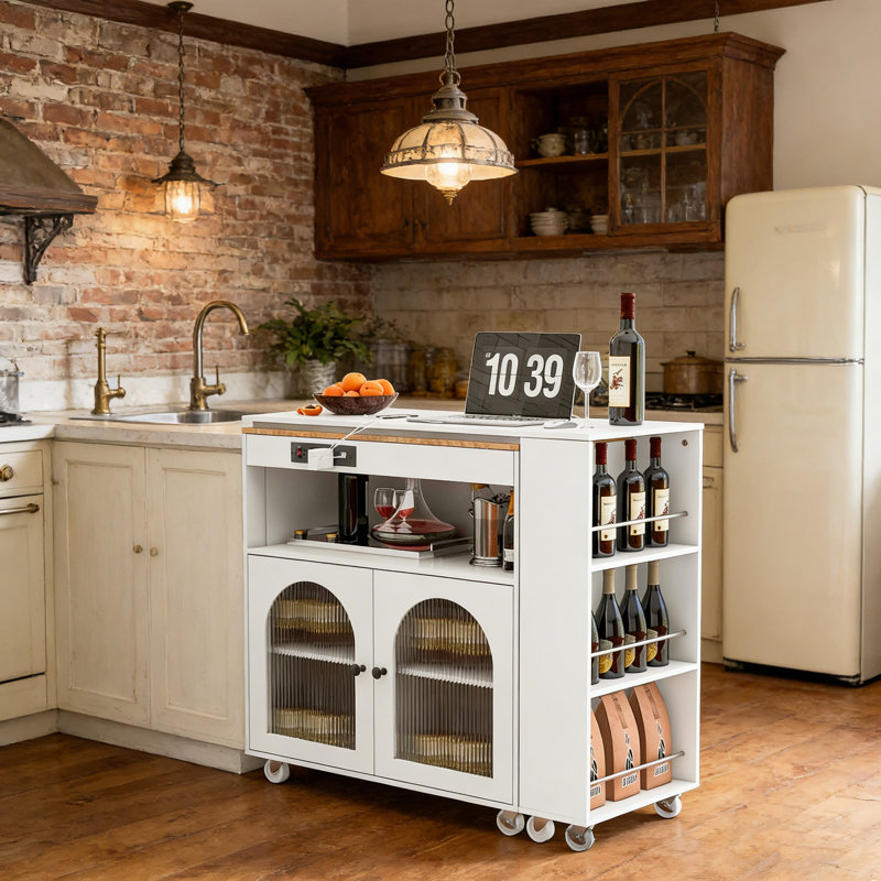 Rolling Kitchen Island with Extendable Table, LED Lighting, Power Outlets, and Fluted Glass Doors for Modern Kitchens., White