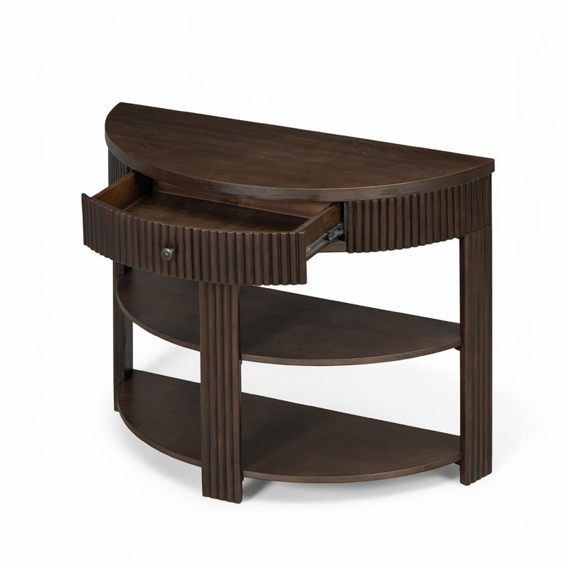 Console demi-lune de 94 cm de large avec tiroir et 2 tablettes ouvertes, Espresso