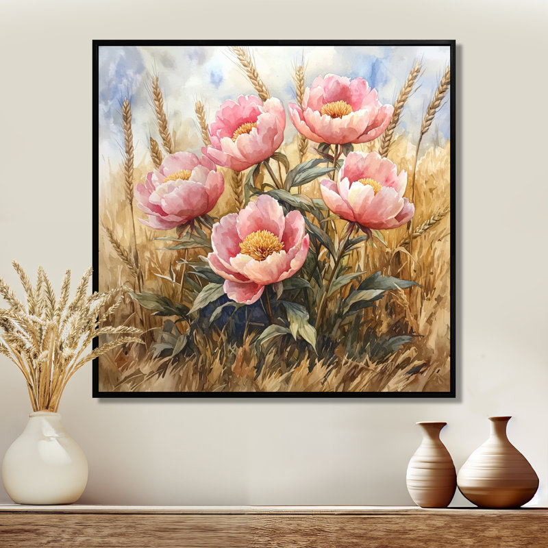 Pivoines dans le champ de blé I - pivoines, art mural, Impression encadrée flottante, Noir, H 16 po x l 16 po