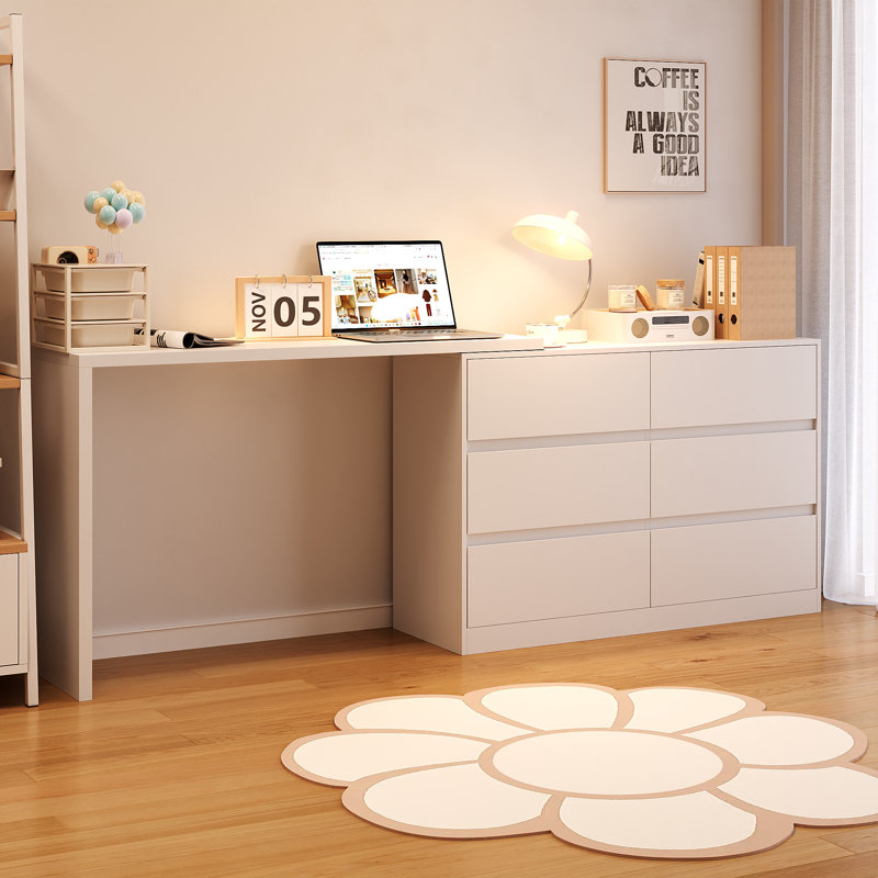 Rotating L-Shaped Computer Desk With 6-Drawer Storage, White
