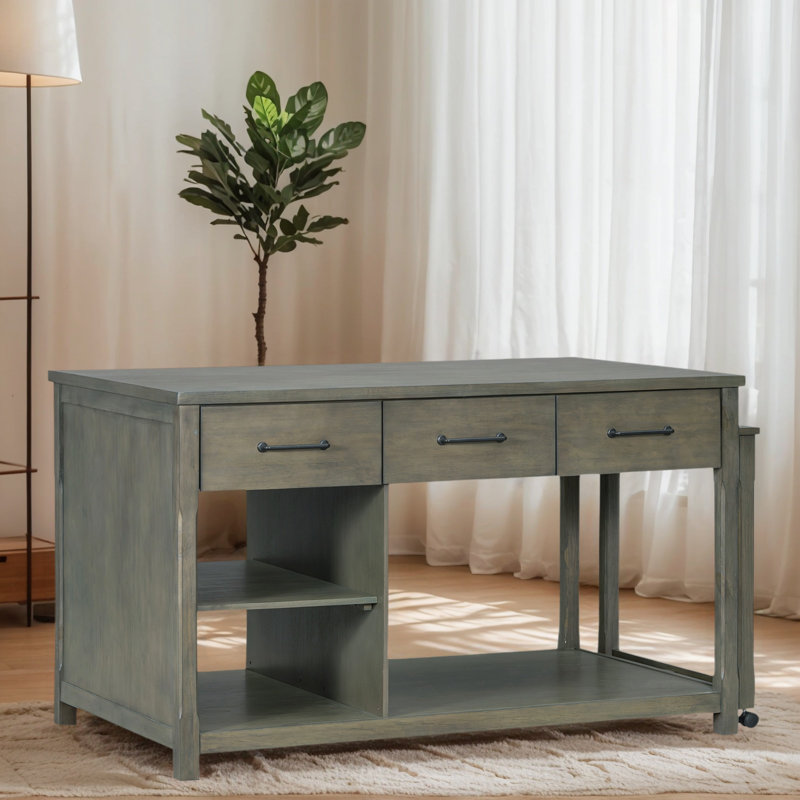 Expandable Kitchen Island Cart With Storage & Power Outlets, Retro Rolling Kitchen Island With Drawers & Shelves, Gray
