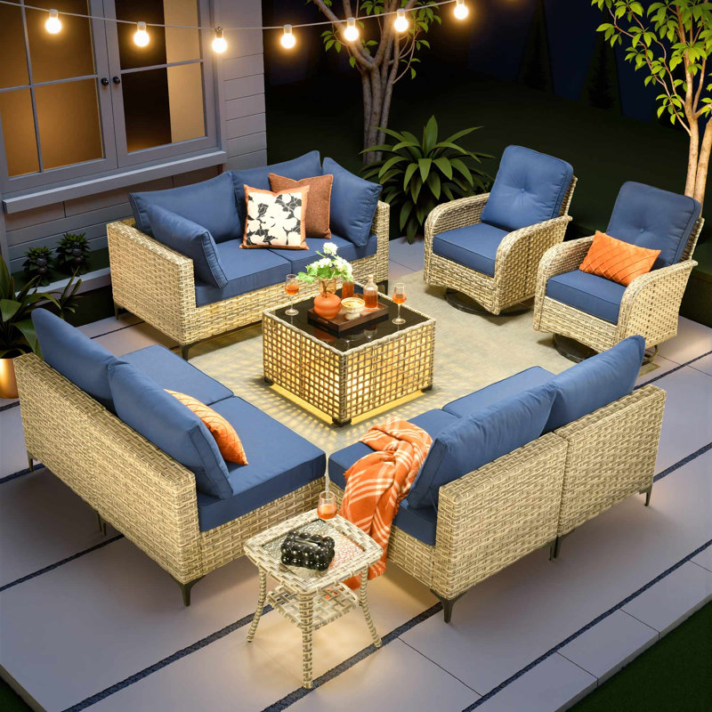 Outdoor Wicker 8 Person Seating Group With Cushions With Rocking And Swivel Chairs, Navy