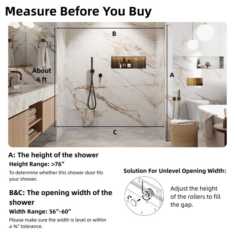 Porte de douche en verre sans cadre avec fermeture en douceur, verre trempé transparent, largeur réglable, système à double rouleau et quincaillerie en acier inoxydable