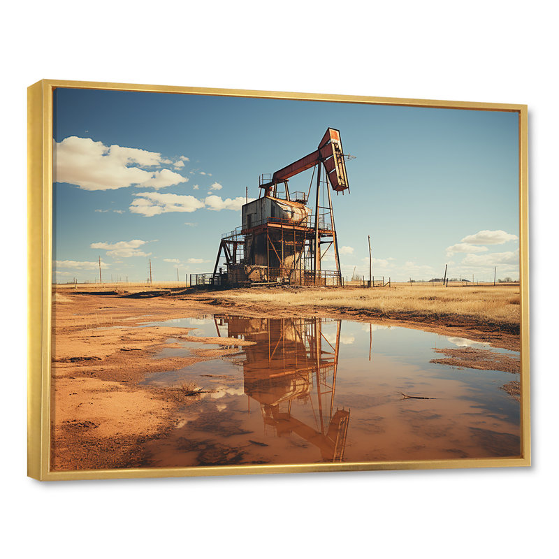 «Oil Drilling Rig Fields Horizon», reproduction sur toile, H 16 po x l 32 po x P 1 po, Cadre flottant doré