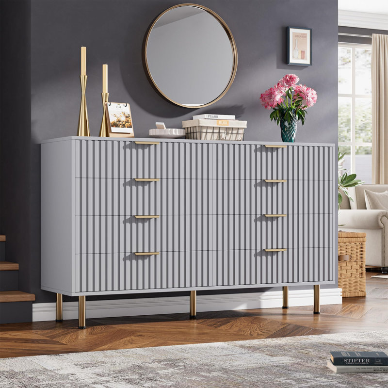 Modern Fluted 8 Drawer Dresser - 54'' Wide Wooden Chest with Deep Storage - Large Double Dresser TV Stand & Organizer for Bedroom, Living Room, Hallway, Kids Room - Matt Gray