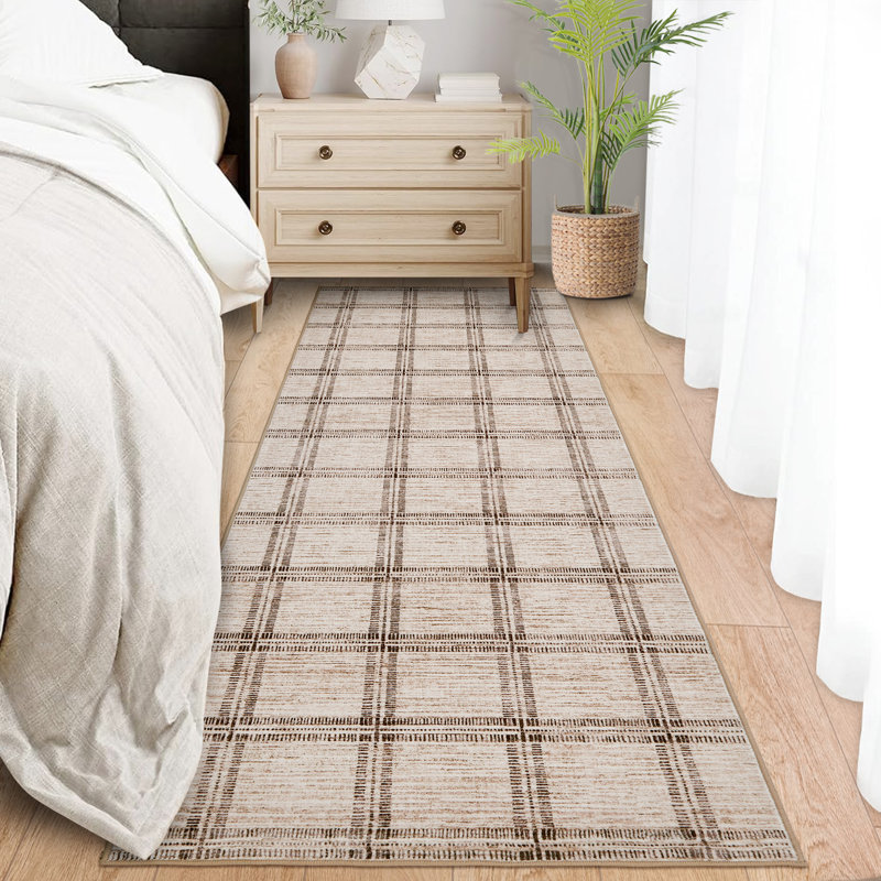 Rectangle Geometric Washable Area Rug, Tan, Runner 60 x 230 cm
