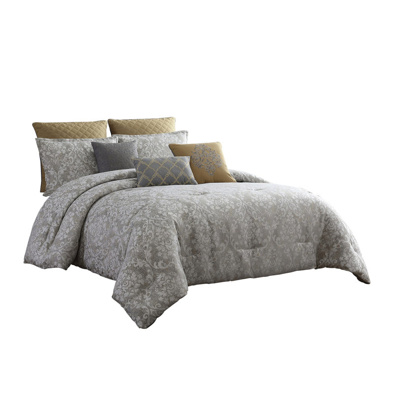 Gray/Gold Microfiber 8 Piece Comforter Set, King Comforter + 8 Additional Pieces