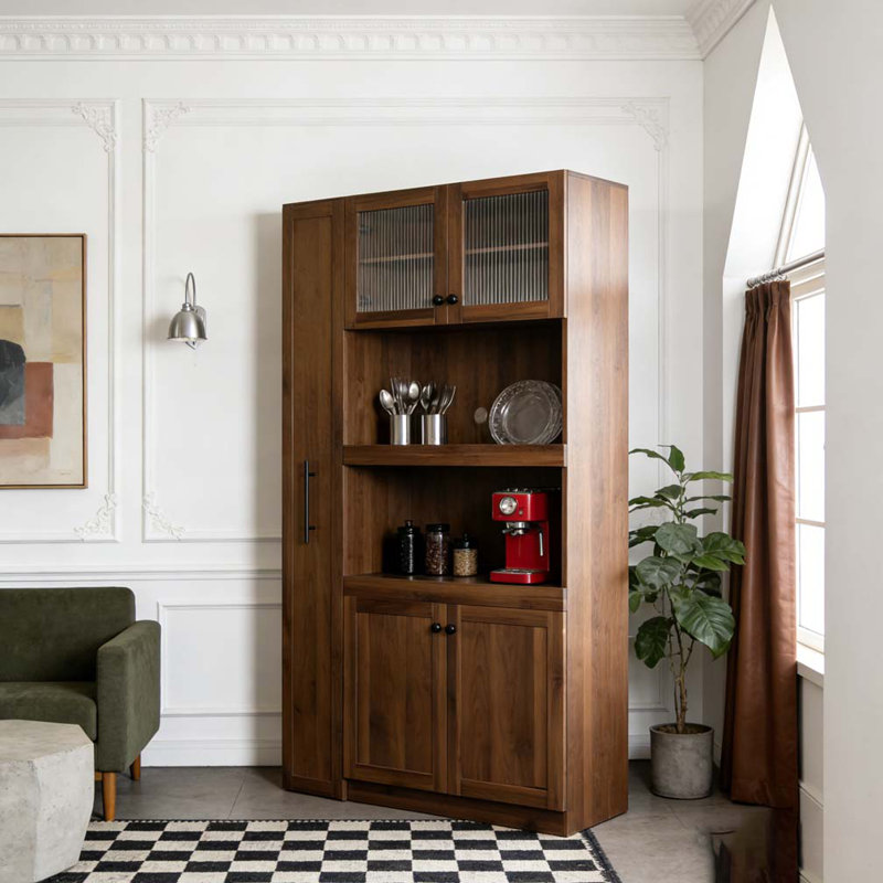 Kitchen pantry cabinet with multi-functional pull-out multi-tier storage shelf, Walnut
