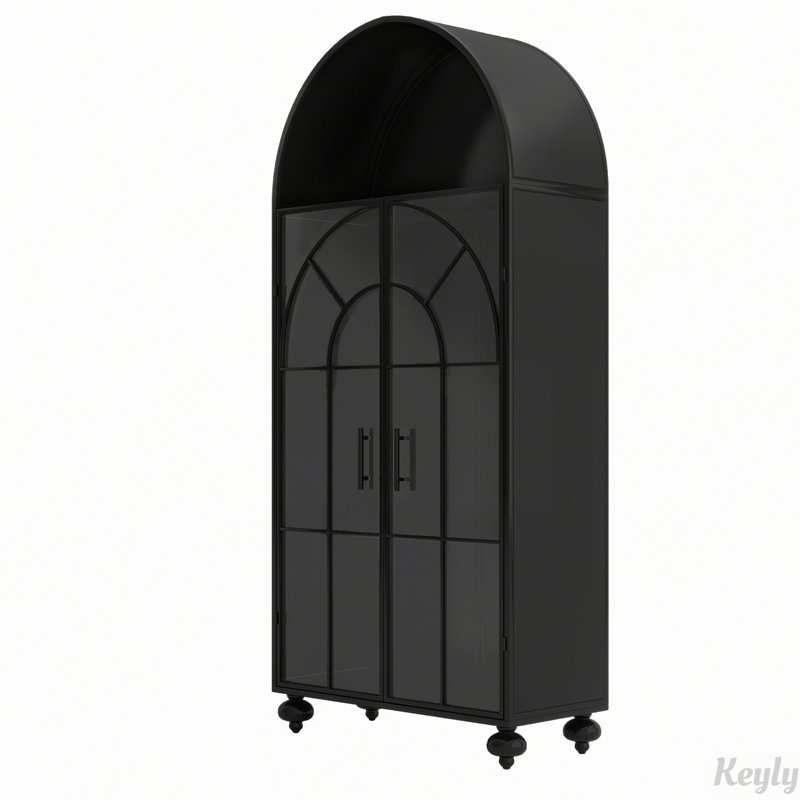 Armoire de rangement arquée avec portes en verre, tablettes ouvertes