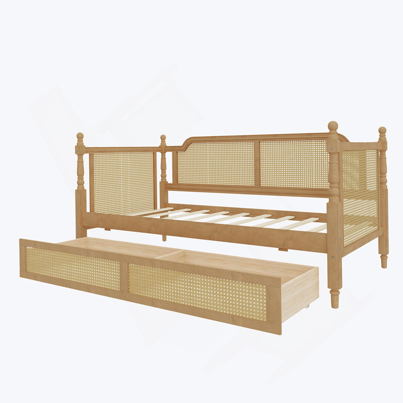 Traditional Style Rattan Twin Size Daybed with 2 Drawers for Limited Space, Guest Room