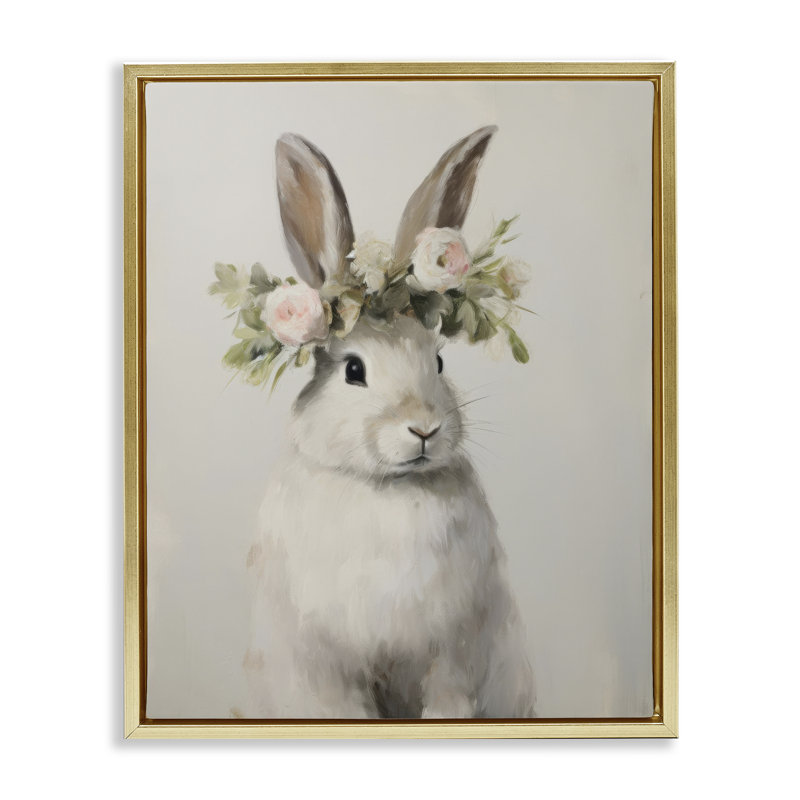 Art mural en toile White Bunny, H 31 po x l 25 po, Cadre flottant métallique doré
