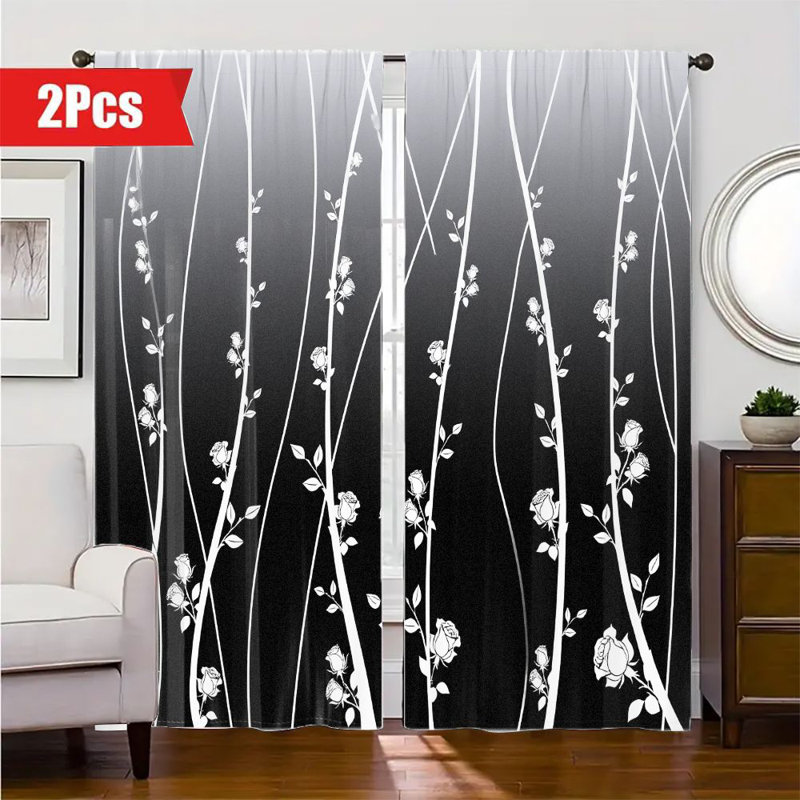 2Pcs Ombre Curtains, Rose Floral Pattern Rod Pocket Window Drapes, Light Filtering Gradient Treatments for Living Room Bedroom Kitchen, Privacy Enhancing Panels, Elegant Home Decor