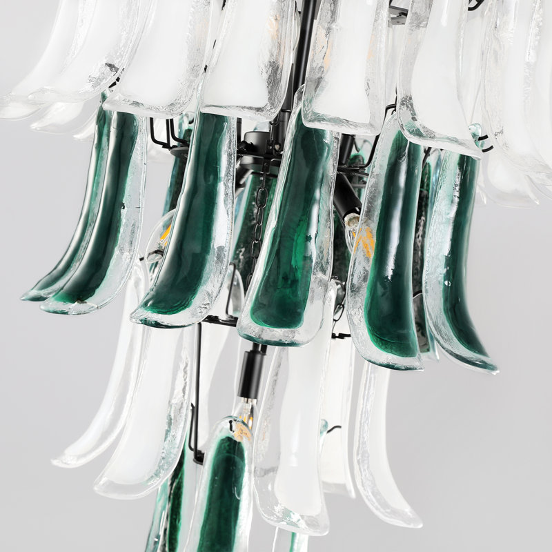 Lustre cascade moderne en verre blanc et vert émeraude à 9 lumières (65 cm de large)., H 91,6 po x l 25,6 po x P 25,6 po