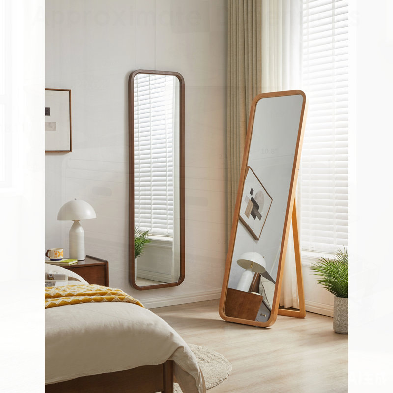 Miroir sur pied pleine longueur en bois de hêtre massif avec support, cadre en bois naturel pour la chambre à coucher et le salon, miroir mural 2-en-1