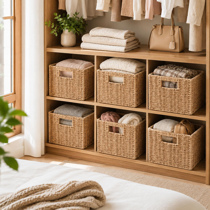 Set of 6 Foldable Paper Rope Wicker Storage Baskets, Handles