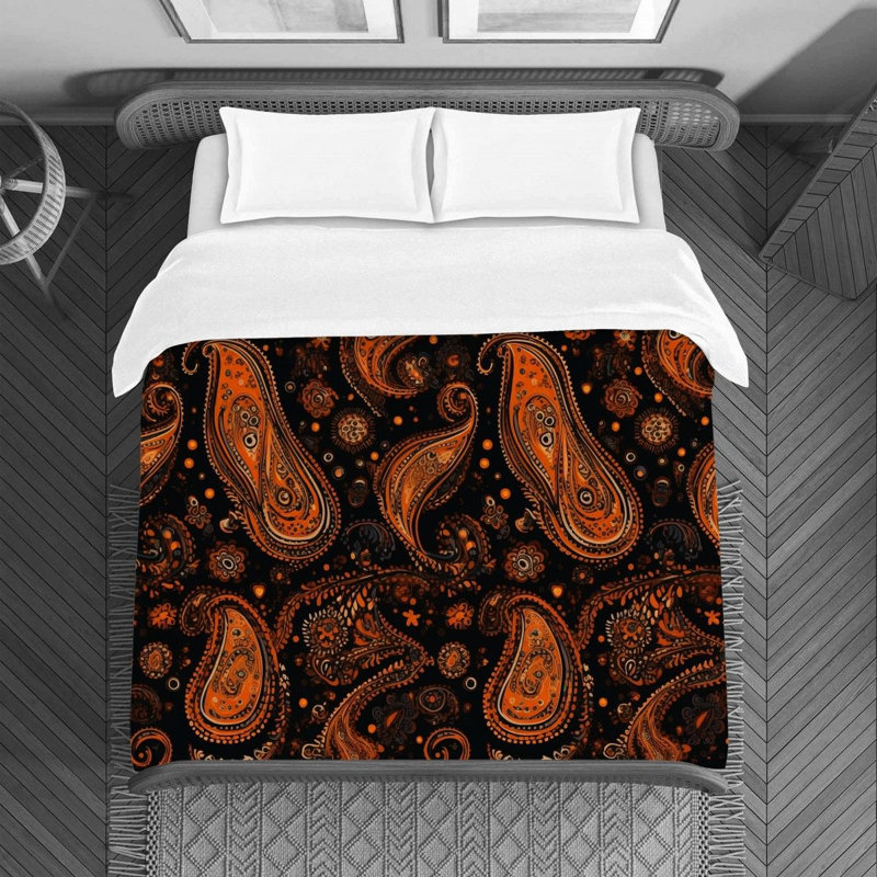 Machine Printed Duvet Cover, Twin Duvet Cover, Black/Orange Paisley