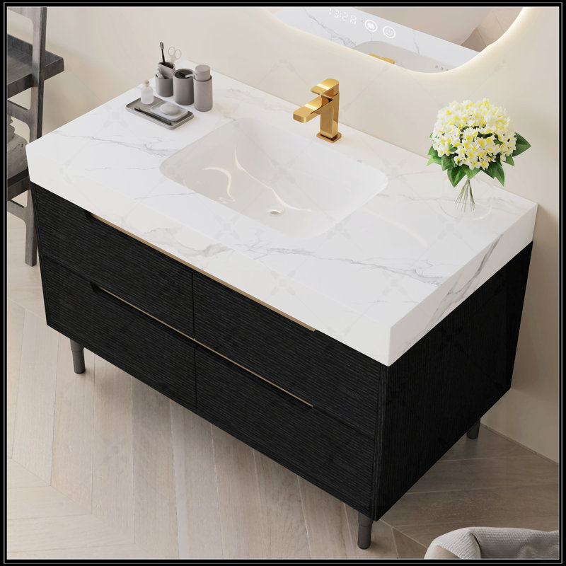 Meuble-lavabo moderne avec lavabo encastré, plateau en pierre frittée, bois massif multicouche imperméable et 4 tiroirs à fermeture en douceur