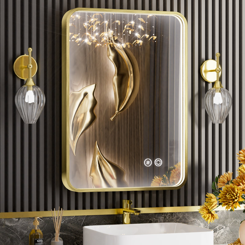 Miroir de salle de bain avec cadre en aluminium et éclairage à DEL, 28 po x 20 po, Doré