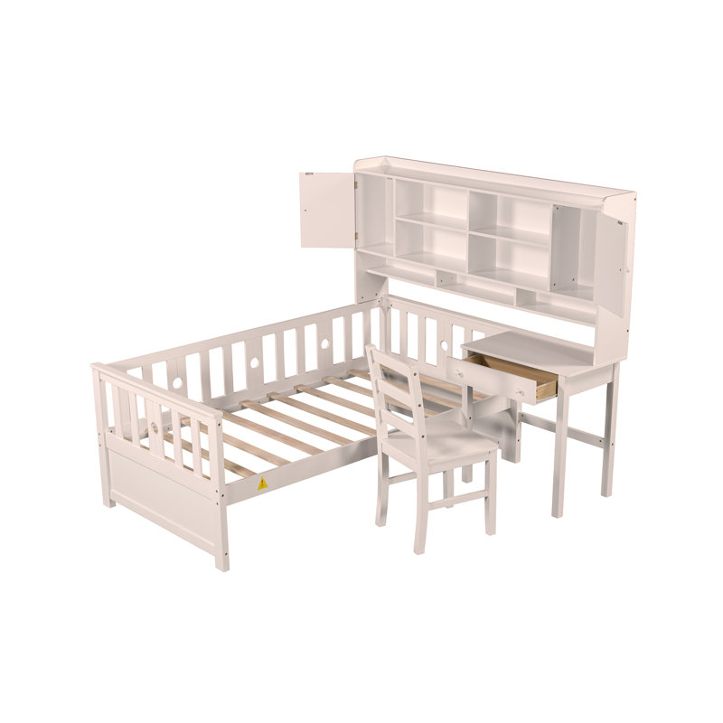 Multifunctional Wood Platform Bed with Bookshelf at the Head of the Bed, Built-in Desk and Matching Chair,