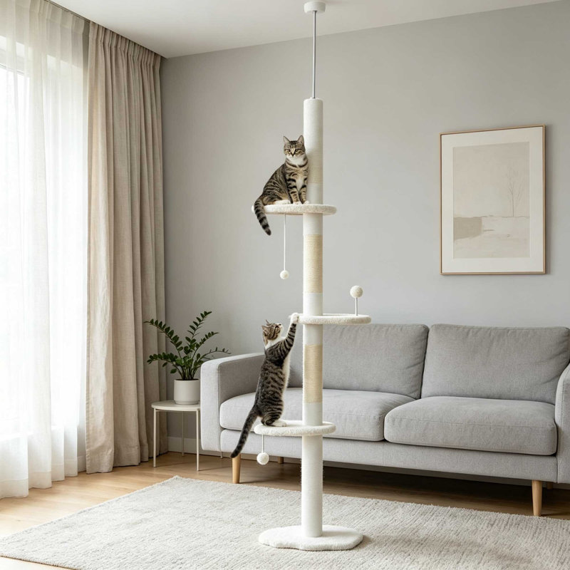 225‑255cm Adjustable Floor‑to‑Ceiling Cat Climbing Tower with Sisal Posts, Hanging Balls & Anti‑Tip Strap, Beige